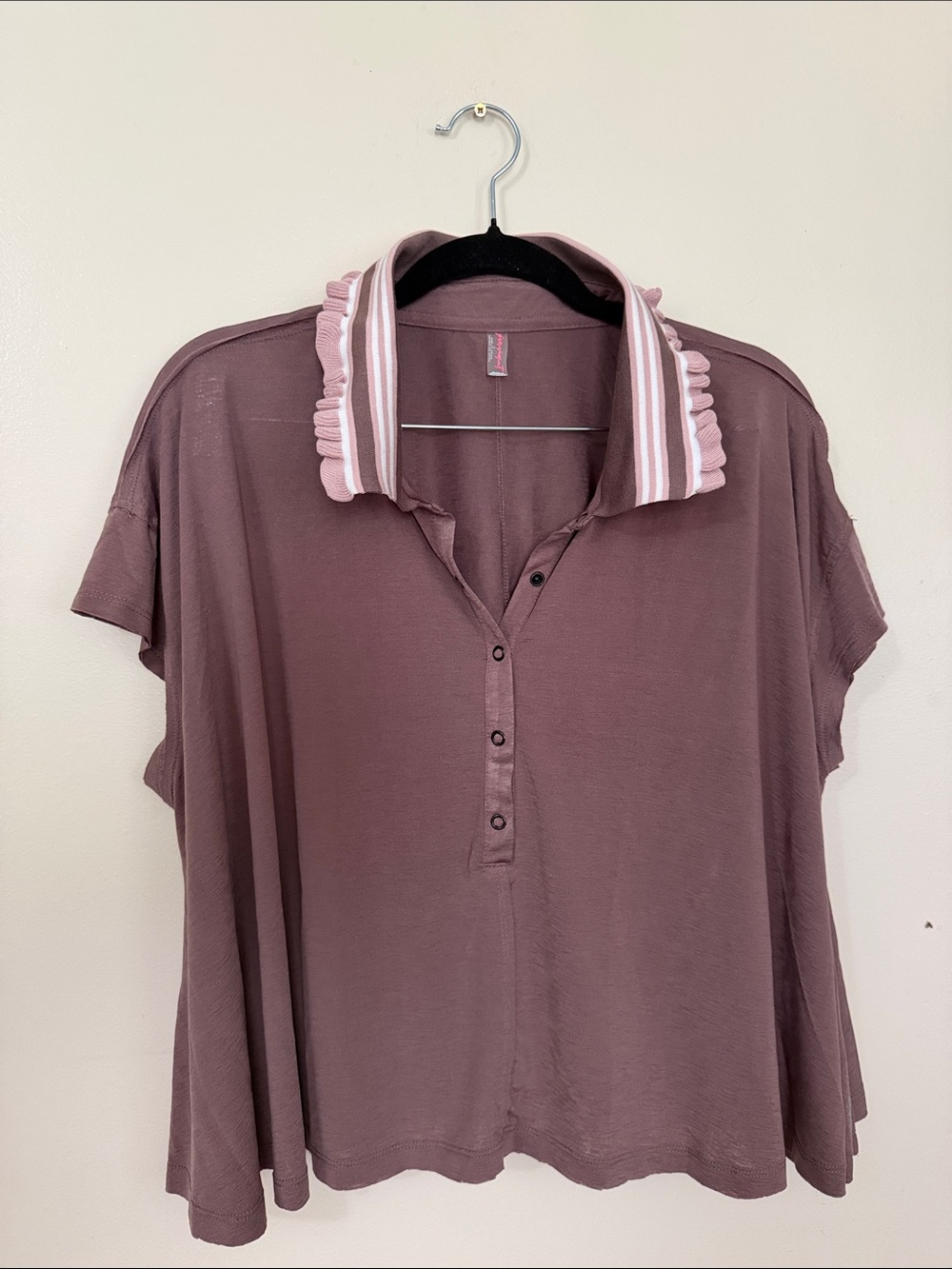 FP Movement by Free People Mauve Button Polo with Ruffled Stripe Collar